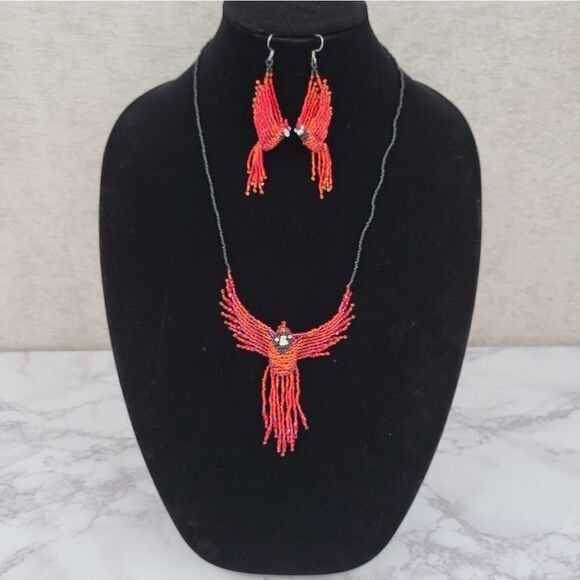 Handcrafted Beaded Cardinal Red Bird Necklace and Earrings Great Gift - Picture 2 of 13